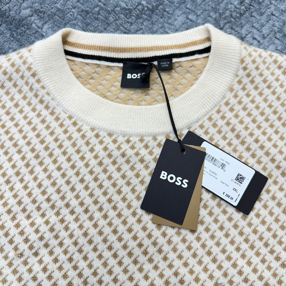 NEW BOSS Hugo Boss Men XXL Virgin Wool‎ Geometric Jacquard Sweater Open Beige